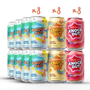 Afbeelding van Knock Out 8x Hoppy Pils 8x Belgian Tripel Style 8x Red Fruity 33cl – Alcoholvrij / glutenvrij